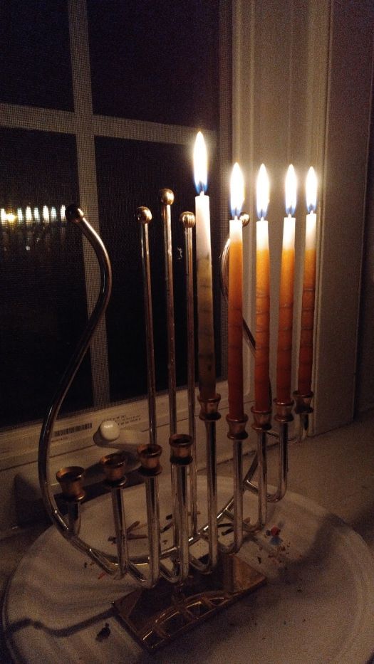photo, 5 candles, window reflection